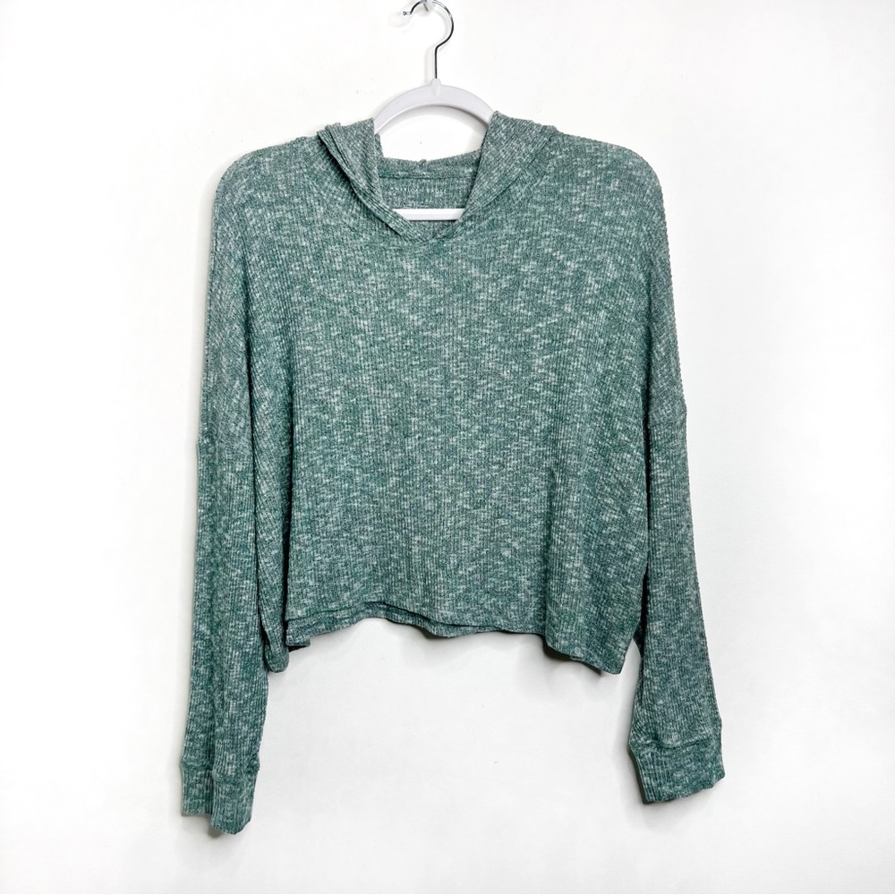 American Eagle Super Soft Marled Green Boxy Hooded Top